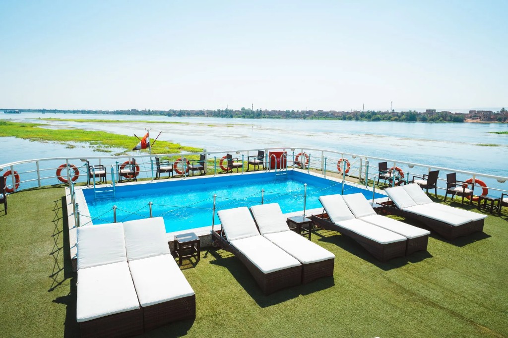 MS Nile Plaza sundeck pool — luxury Nile cruise between Luxor and Aswan